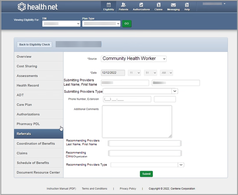 Community Health Worker Recommendation form